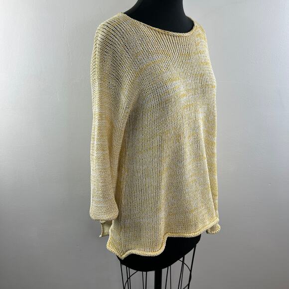 SKIFO SKIF White Yellow Knit Rolled Hem 3/4 Sleeve Pullover High Low Sweater - Picture 3 of 6